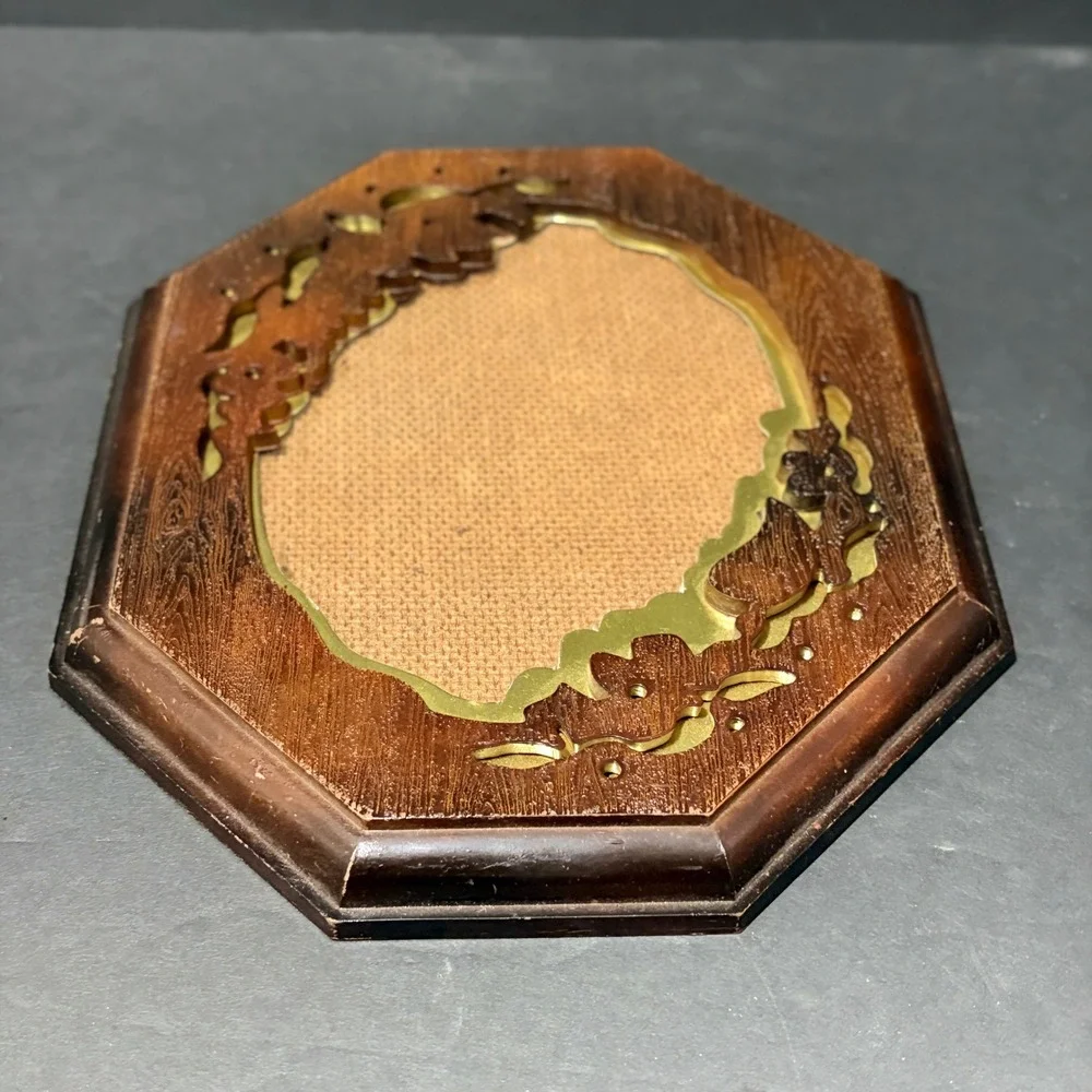 Vintage Octagonal Faux Wood Picture Frame Gold Floral Filigree 8x6.5